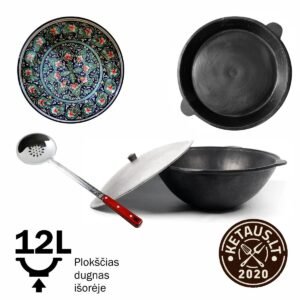 Uzbeku pulēts katls 12l (Namangan) plakans dibens (ārpuse) +Čuguna vāks-panna +Ljagan 38 cm + 46cm Putu karote