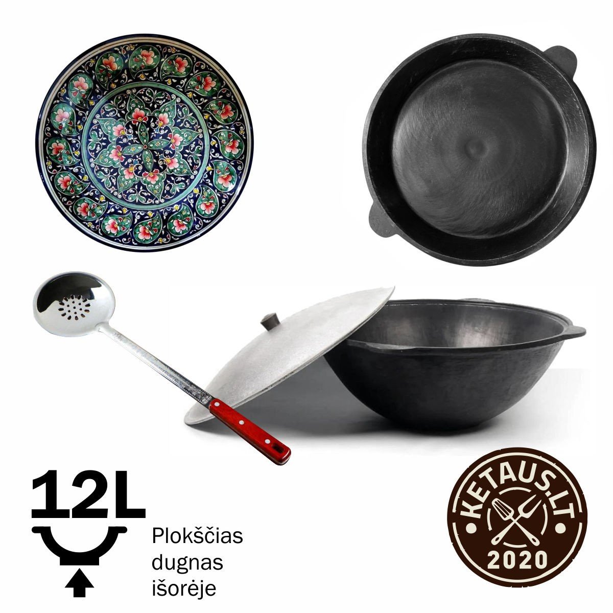 Uzbeku pulēts katls 12l (Namangan) plakans dibens (ārpuse) +Čuguna vāks-panna +Ljagan 38 cm + 46cm Putu karote