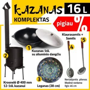 Komplekts: KRĀSNS KAZANAM 3 mm - Kazans 16 l - Legans - Putu Karote - Kauss no nerūsējošā tērauda