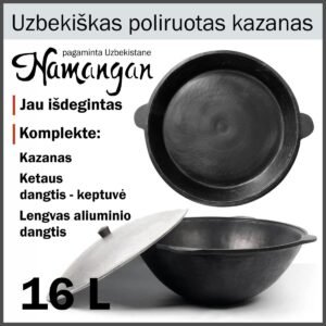 Uzbeku pulēts katls 16L (Namangan) ar čuguna vāku-pannu | plakans dibens
